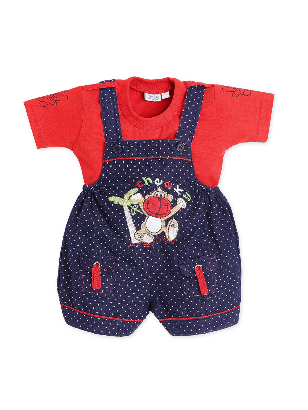 

CHiU Unisex Infant Red And Blue Printed Dungarees And T-Shirt