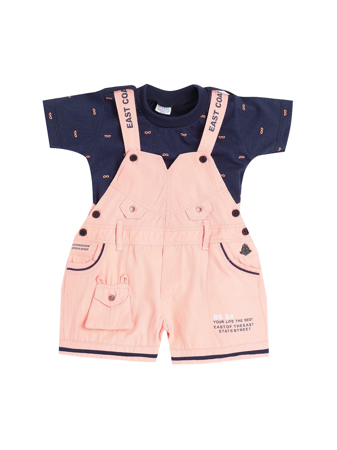 

CHiU Infant Kids Peach & Navy Blue Printed Cotton Dungaree with T-Shirt