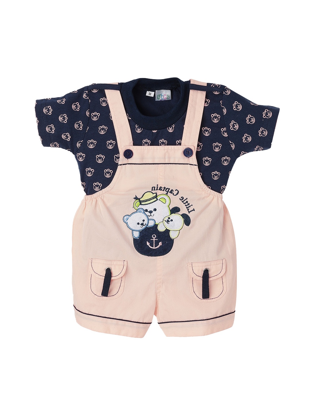

CHiU Kids Peach & Blue Printed Cotton Dungarees