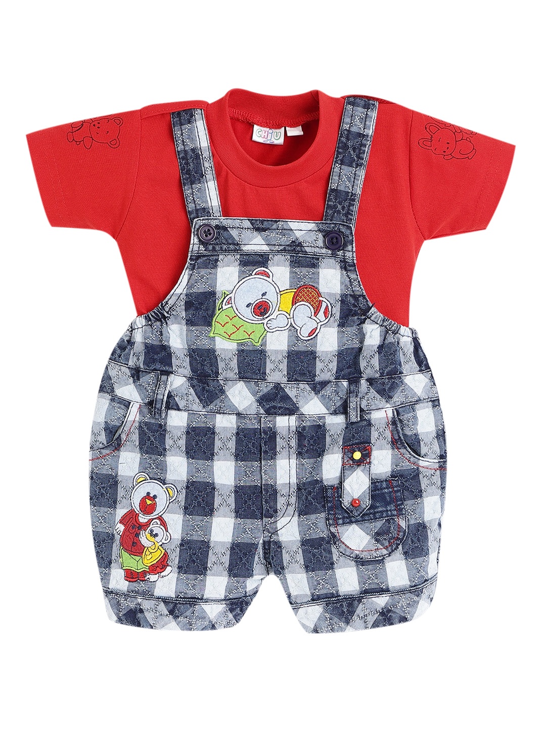 

CHiU Unisex Infant Kids Red And Blue Checked Dungarees with T-Shirt