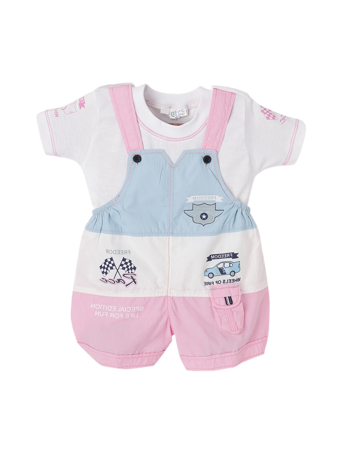 

CHiU Infant Kids Pink & White Colourblocked Cotton Dungaree with T-Shirt