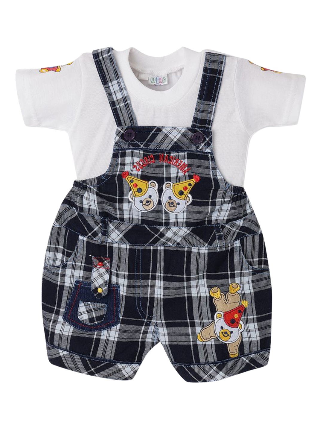 

CHiU Unisex Kids White & Black Checked Printed Cotton Dungarees
