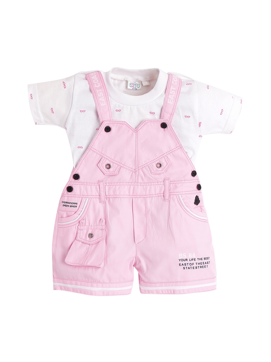

CHiU Infants Pink & White Cotton Cambric Dungarees With T-shirt