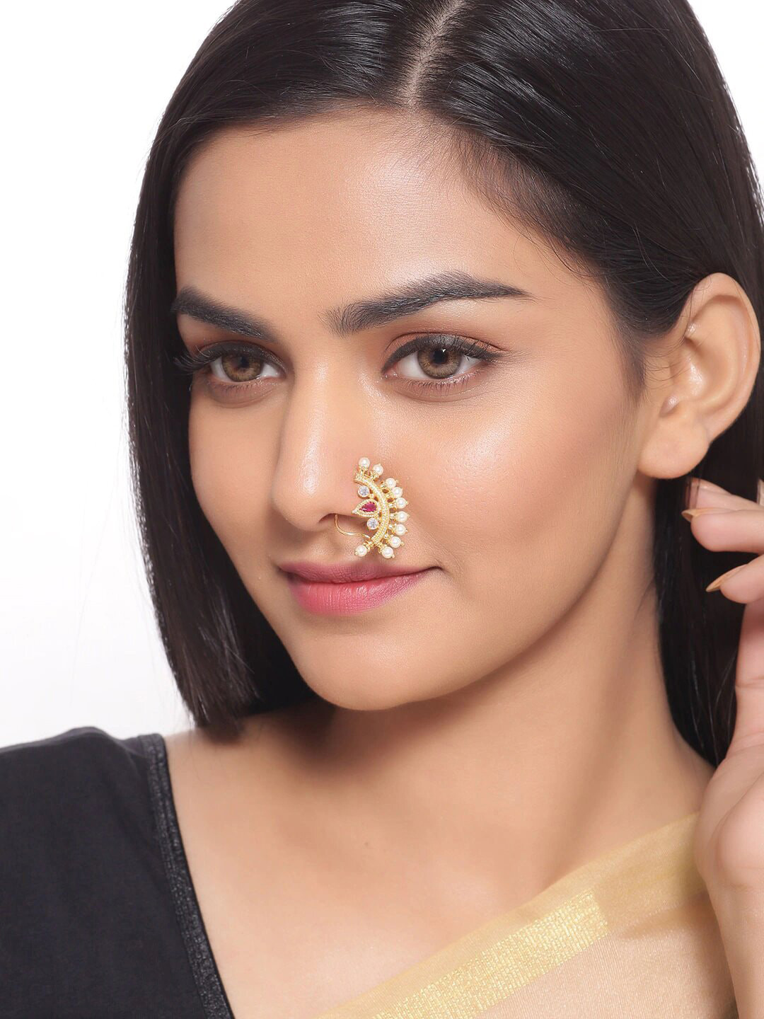 

Shoshaa Gold-Plated & Pink Stone Studded & Beaded Nosepin