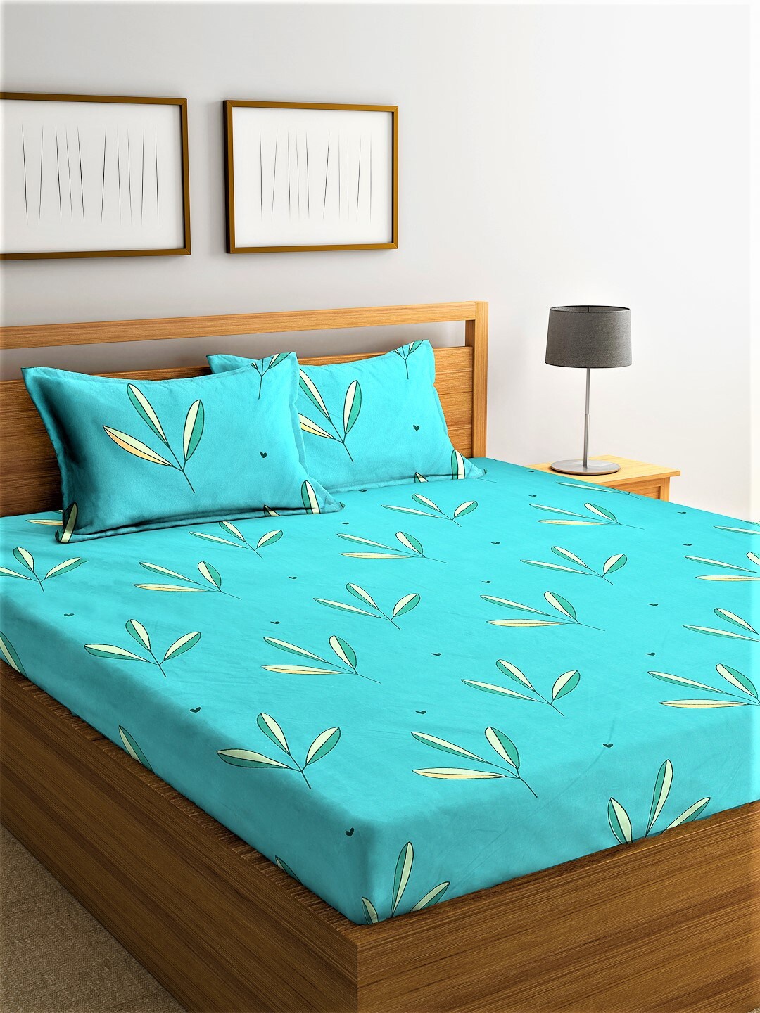 

Home Sizzler Green & White Floral 144 TC King Bedsheet with 2 Pillow Covers, Turquoise blue