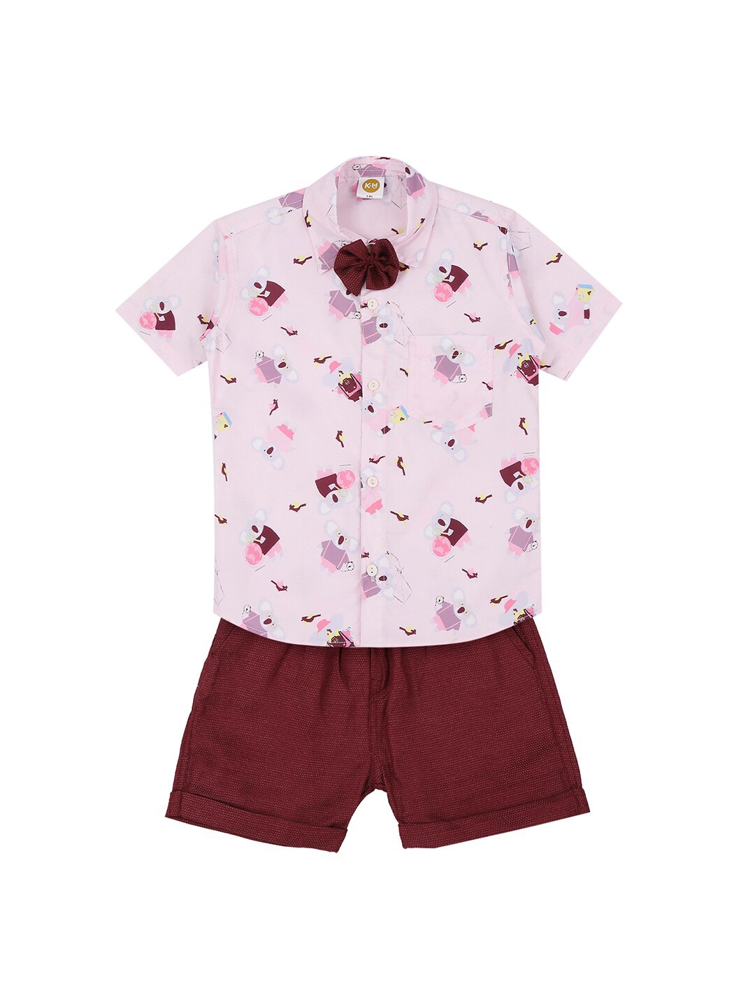 

K&U Boys Pink & Maroon Printed Shirt with Shorts