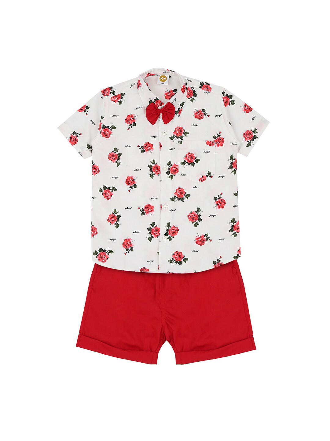 

K&U Boys White & Red Printed Shirt with Shorts