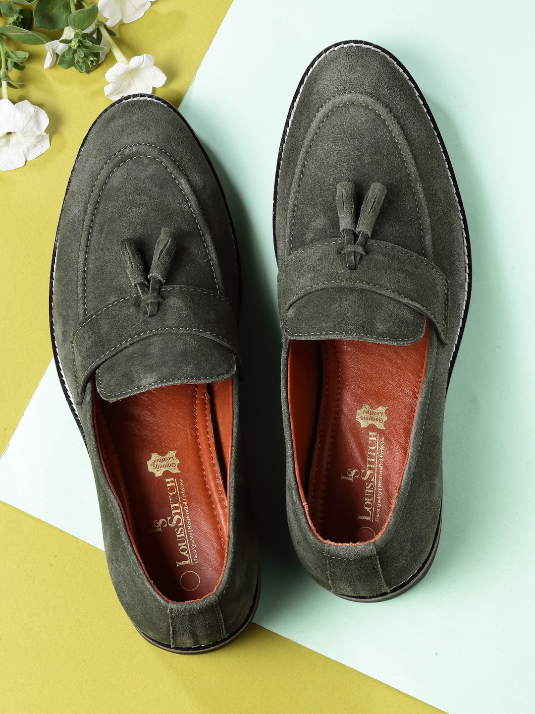 LOUIS STITCH Men Green Suede Tassel Loafers