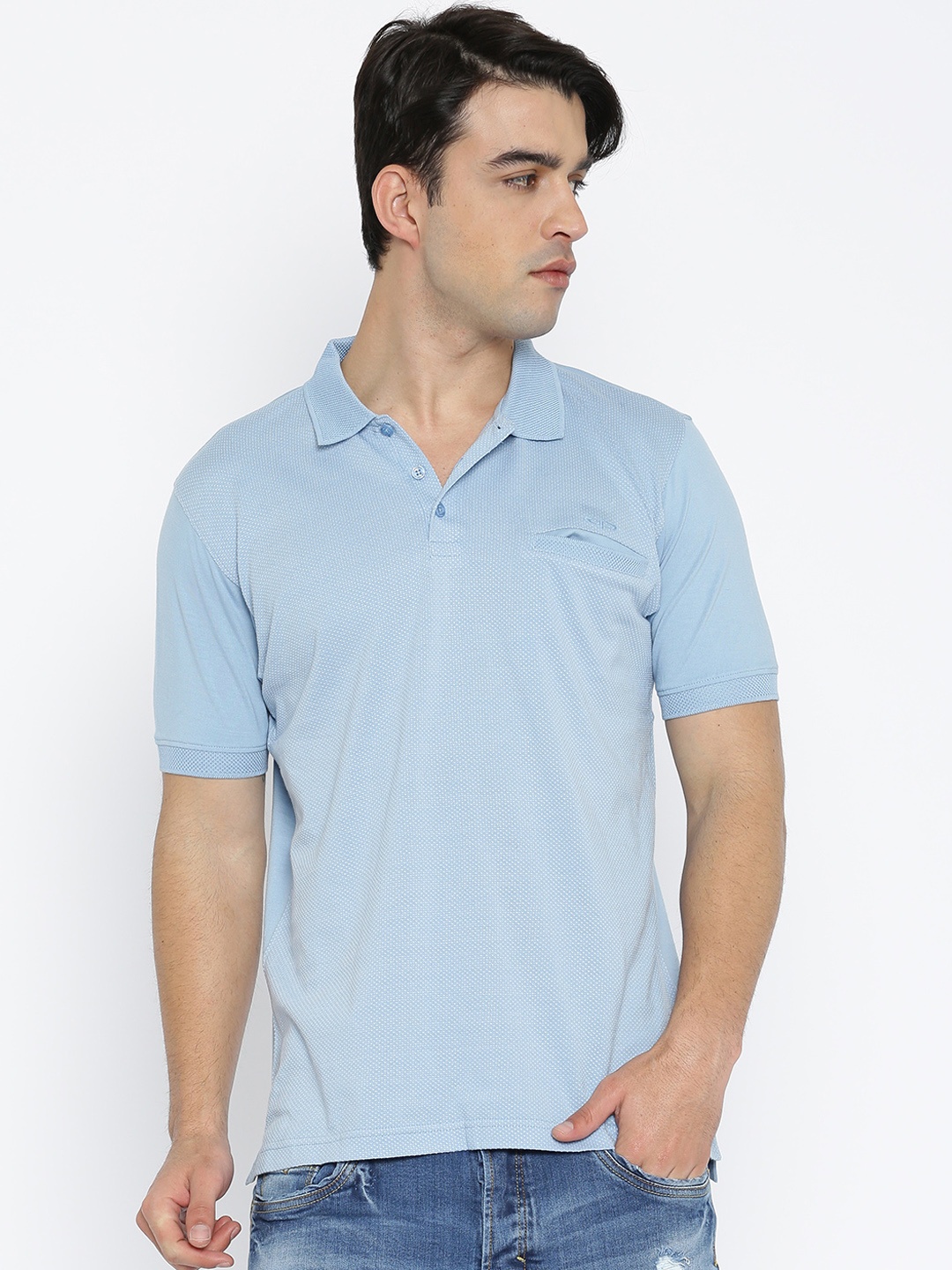 

ColorPlus Men Blue Self-Design Polo Pure Cotton T-shirt