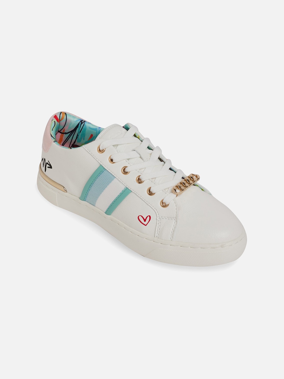 

ALDO Women White & Sea Green Striped Sneakers