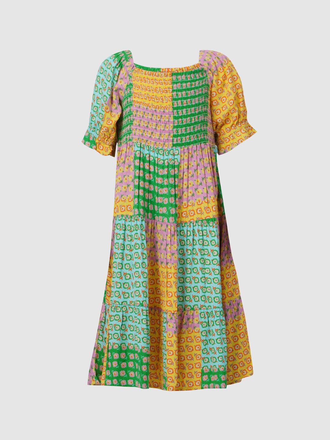 

KIDS ONLY Girls Green & Pink Colourblocked Smocked A-Line Midi Dress
