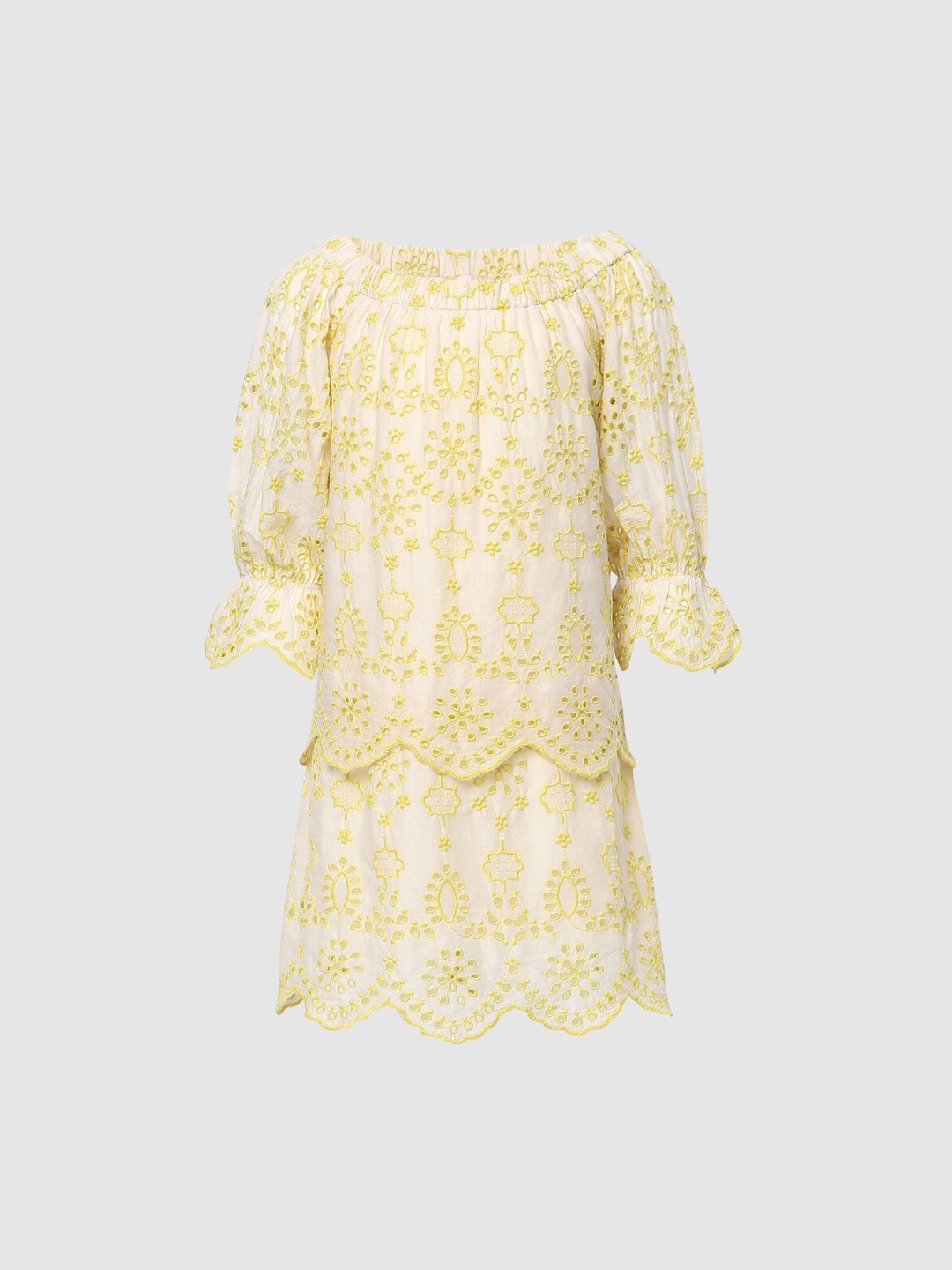 

KIDS ONLY Beige Floral Off-Shoulder Schiffli Dress