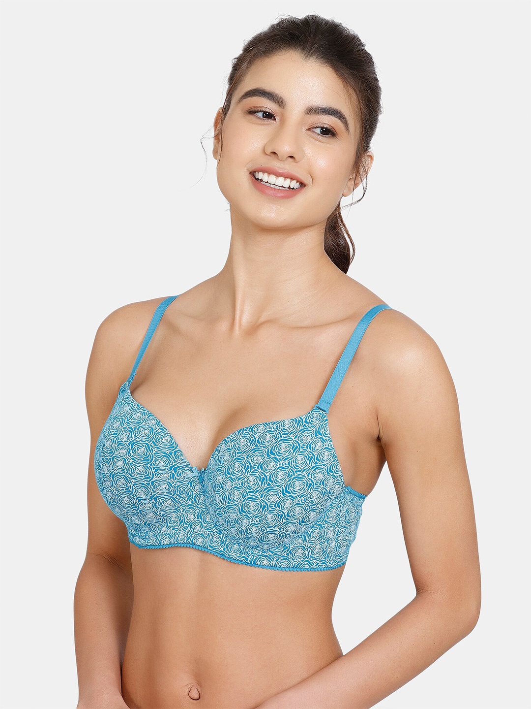 

Rosaline by Zivame Blue & White Abstract Printed T-shirt Bra - Underwired Lightly Padded