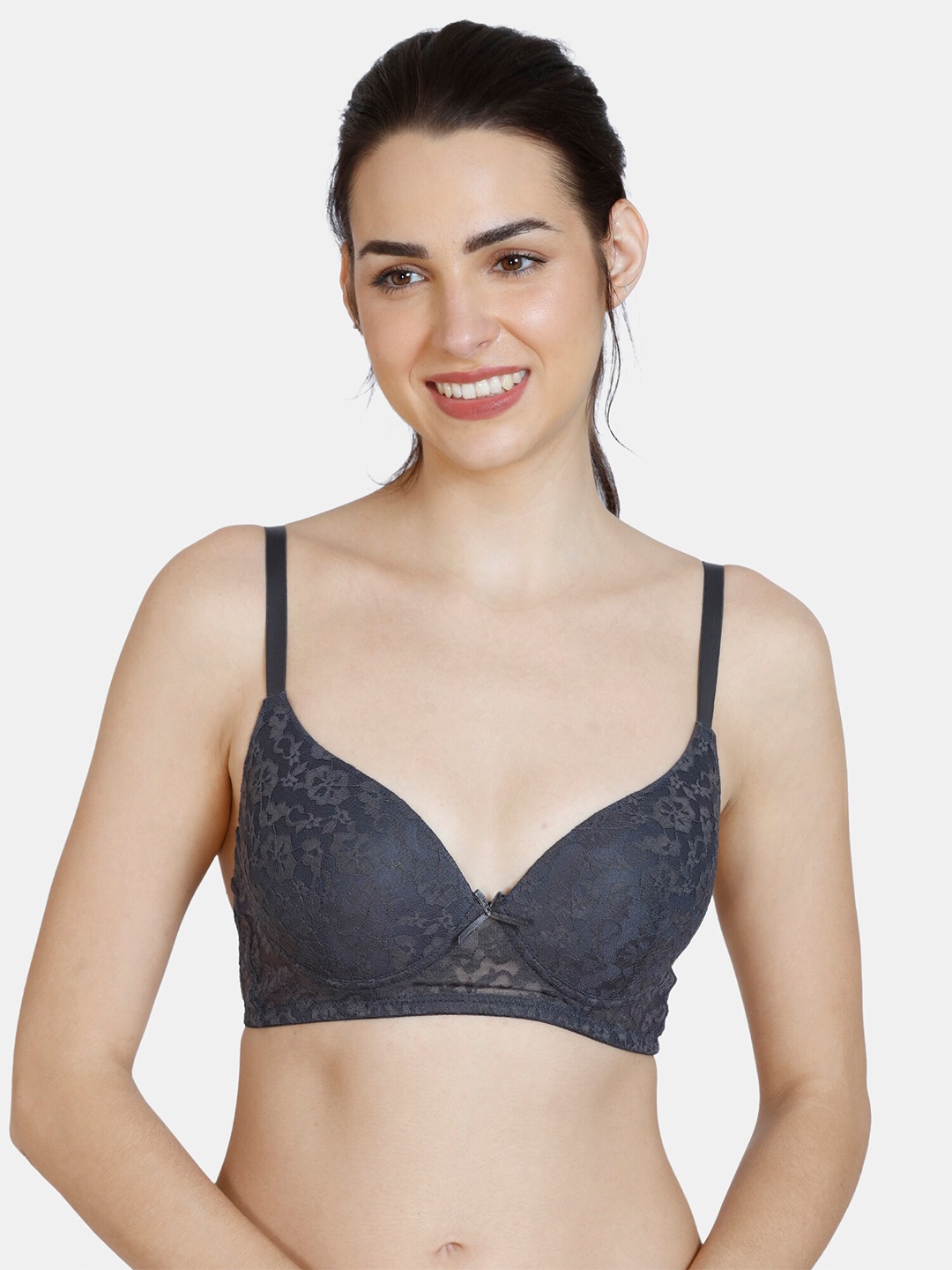 

Rosaline by Zivame Grey Floral Self Design Lightly Padded T-Shirt Bra