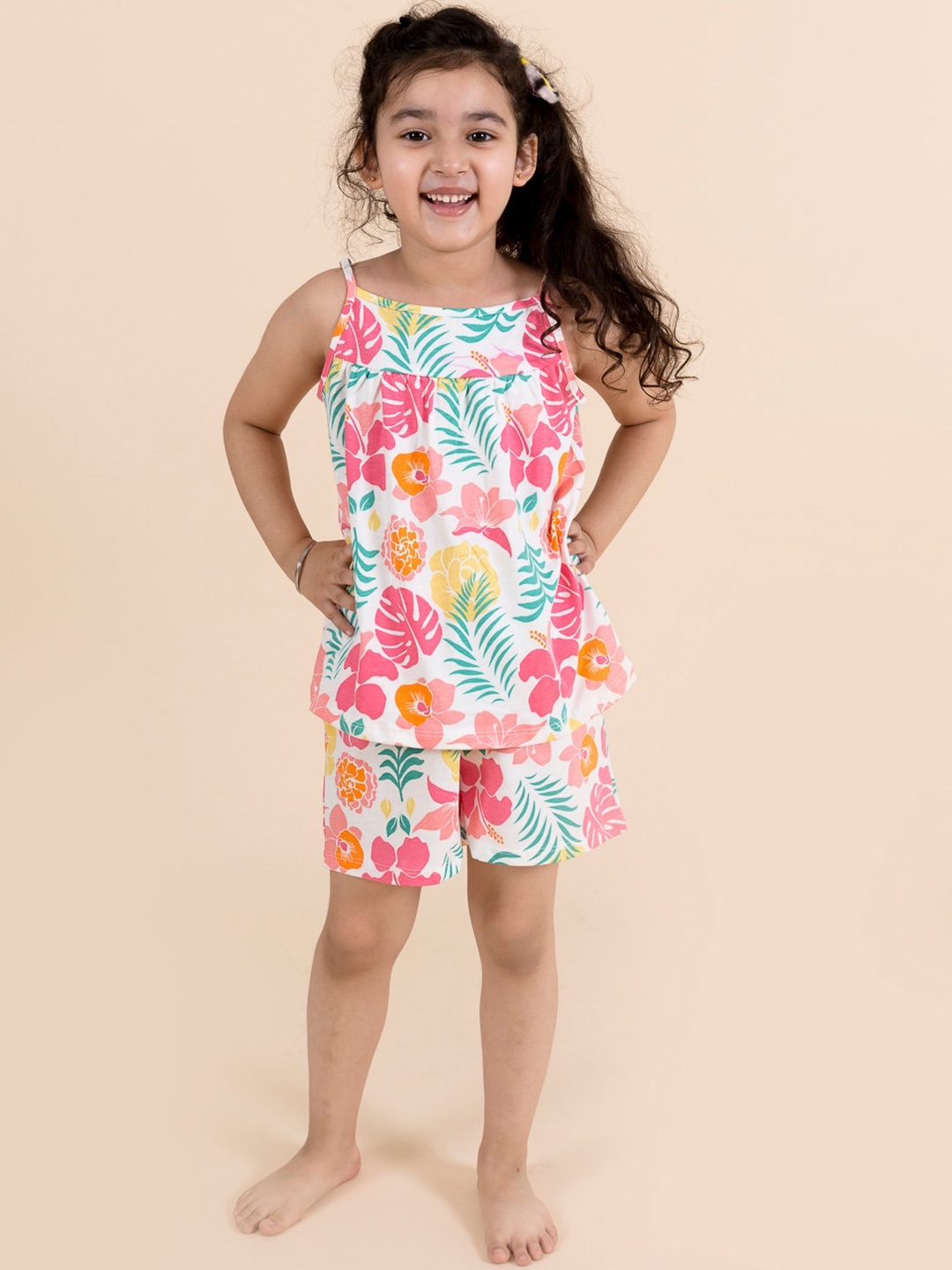 

pspeaches Girls White & Pink Printed Cotton Night suit