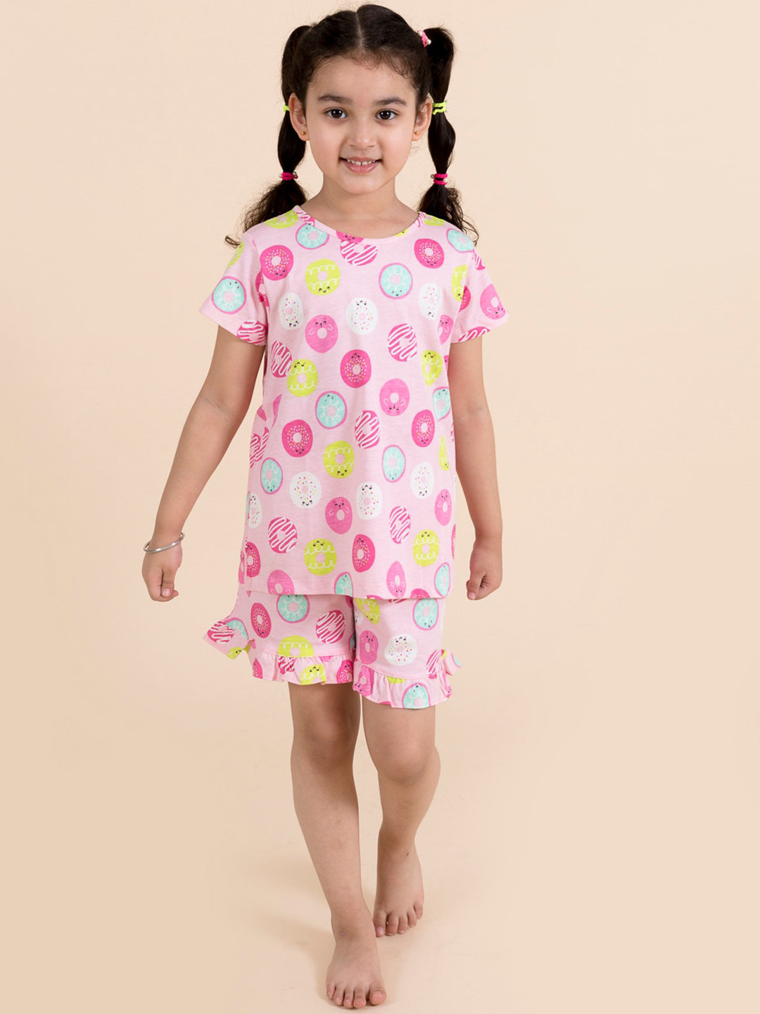 

pspeaches Girls Pink & Yellow Printed Cotton Night suit