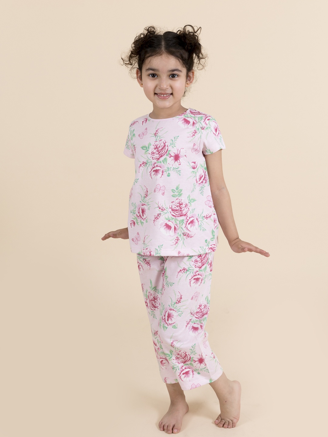 

pspeaches Girls Pink & White Printed Night suit