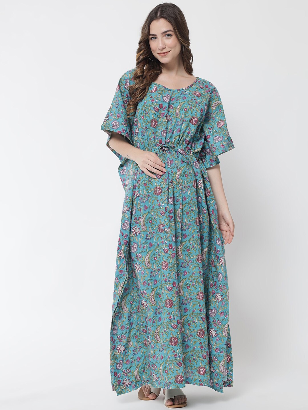 

Aujjessa Turquoise Blue Floral Maternity Pure Cotton Maxi Dress