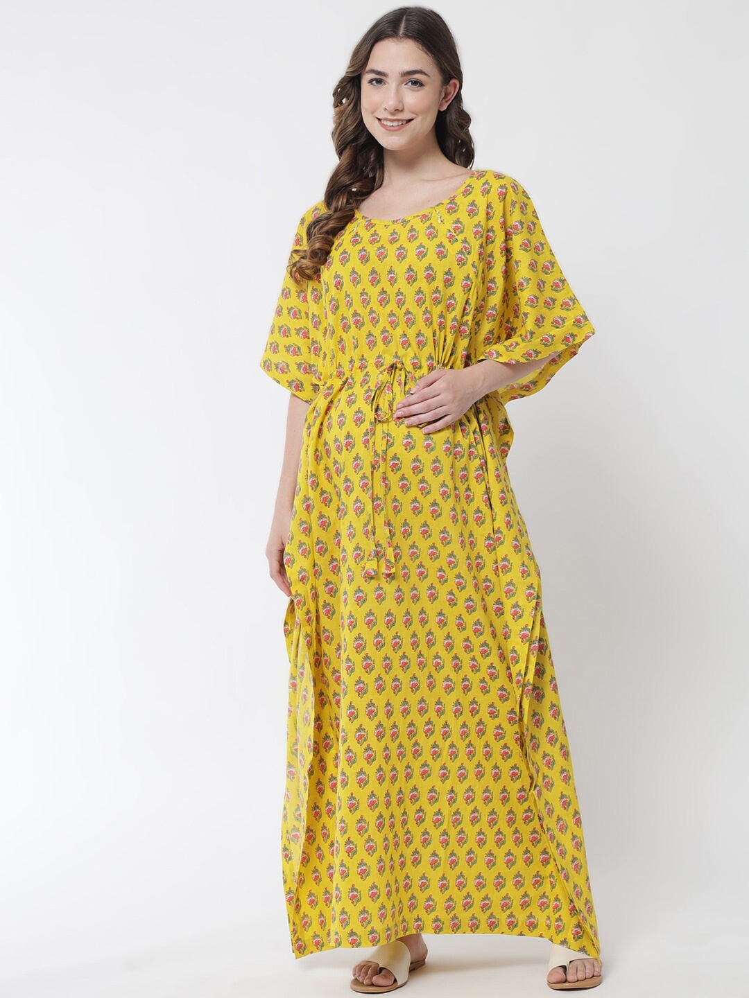

Aujjessa Yellow Floral Printed Maternity Feeding Kaftan Maxi Dress
