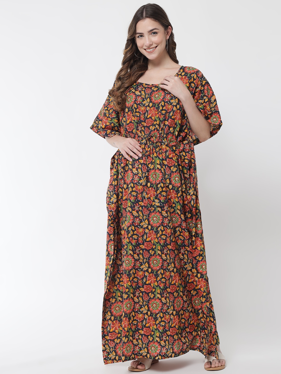 

Aujjessa Women Black & Maroon Floral Printed Cotton Maternity Maxi Dress
