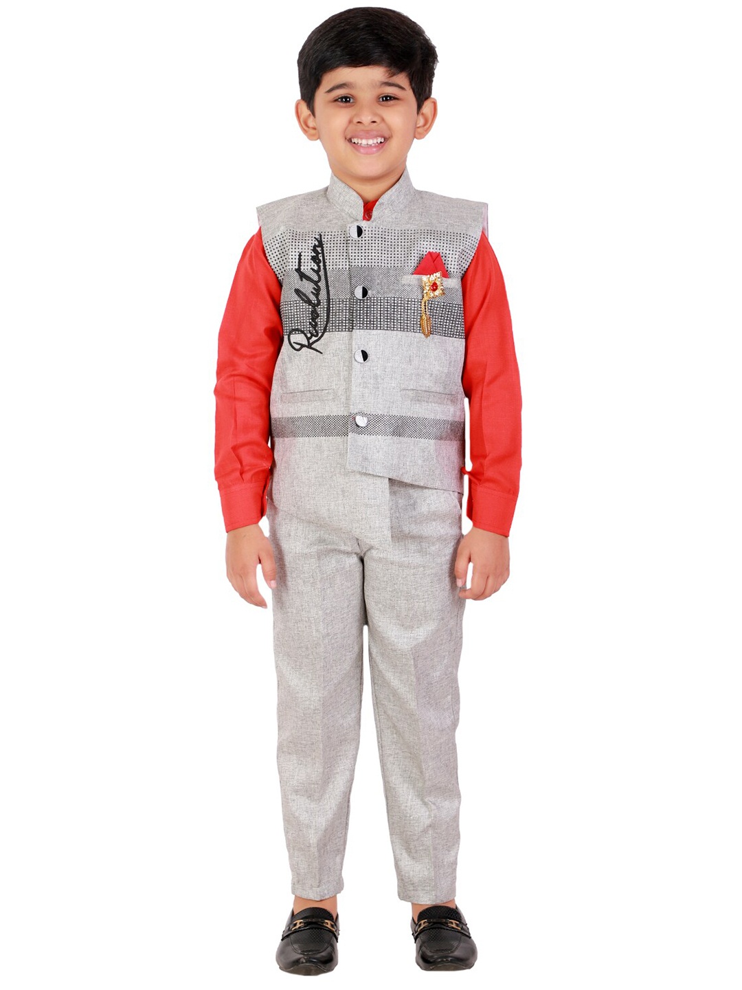 

FOURFOLDS Boys Red & Grey Solid Shirt with Trousers