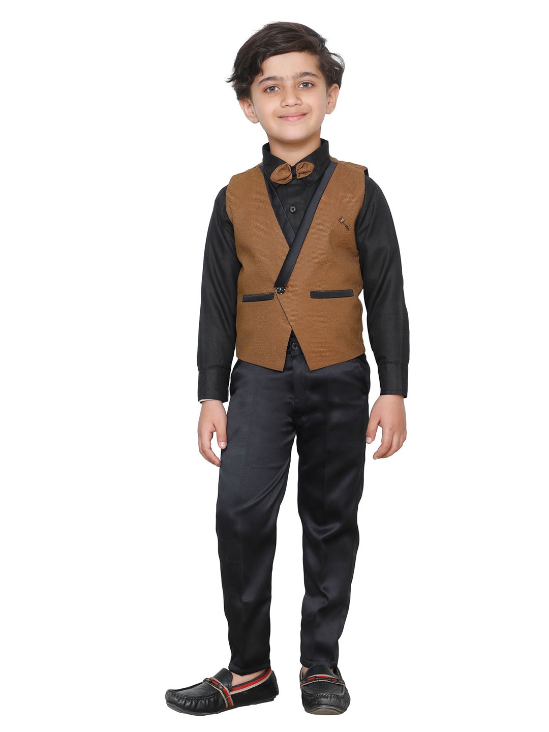 

FOURFOLDS Boys Black & Mustard Yellow 3 Piece Suit