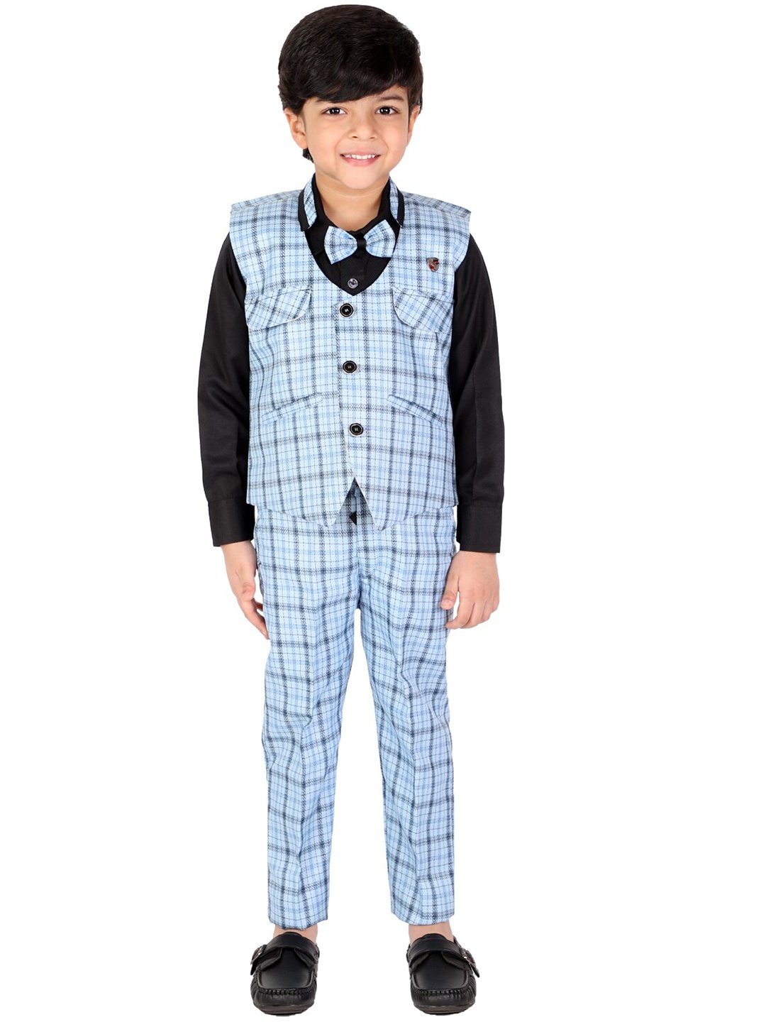 

FOURFOLDS Boys Black & Blue Checked 3 Piece Suit