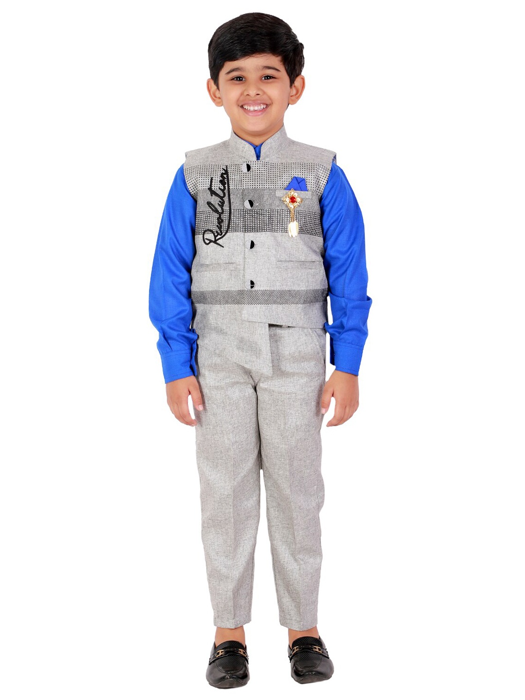 

FOURFOLDS Boys Blue & Grey Printed Shirt with Trousers & Waistcoat