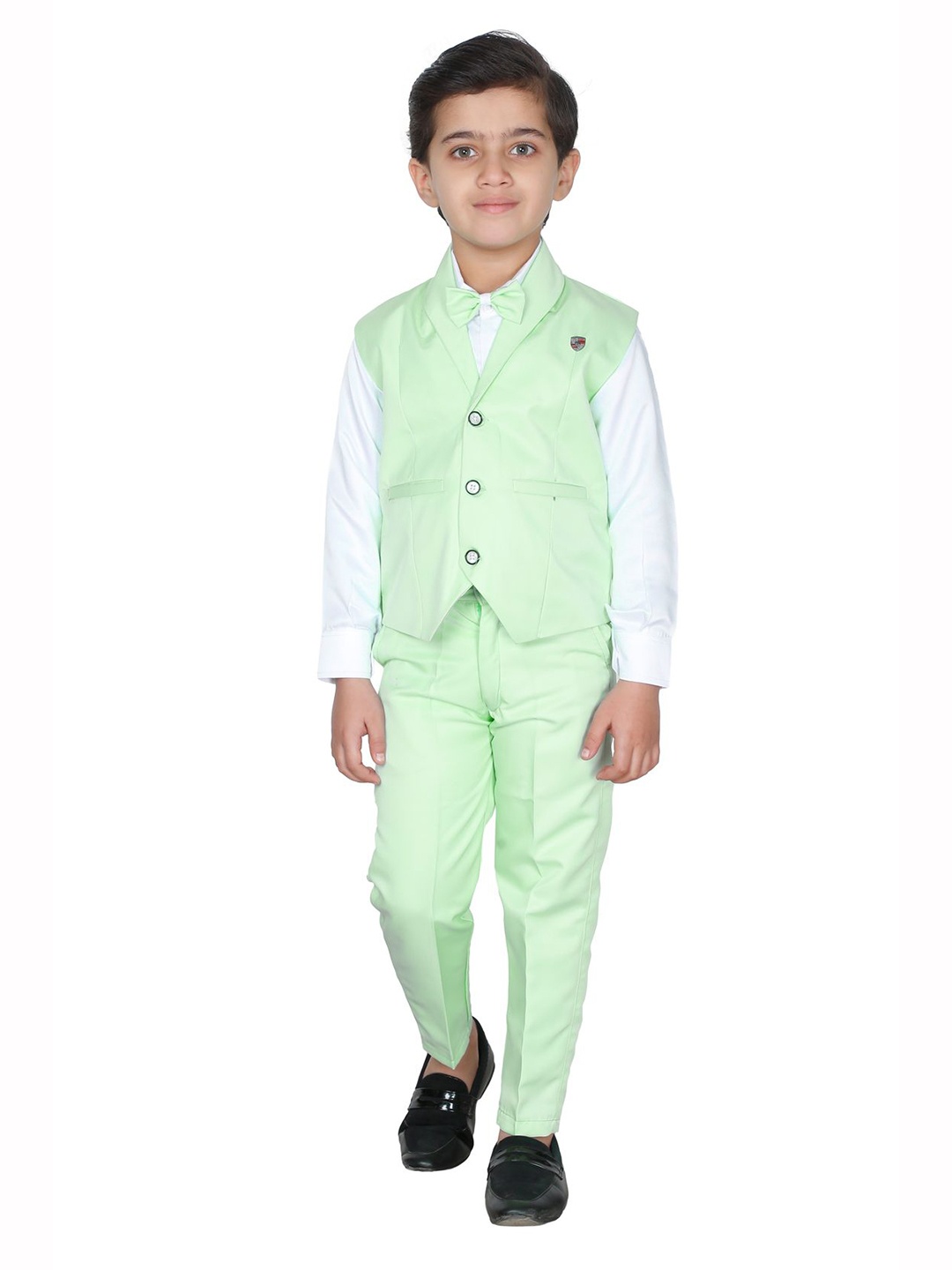 

FOURFOLDS Boys Green & White Solid Shirt with Trousers