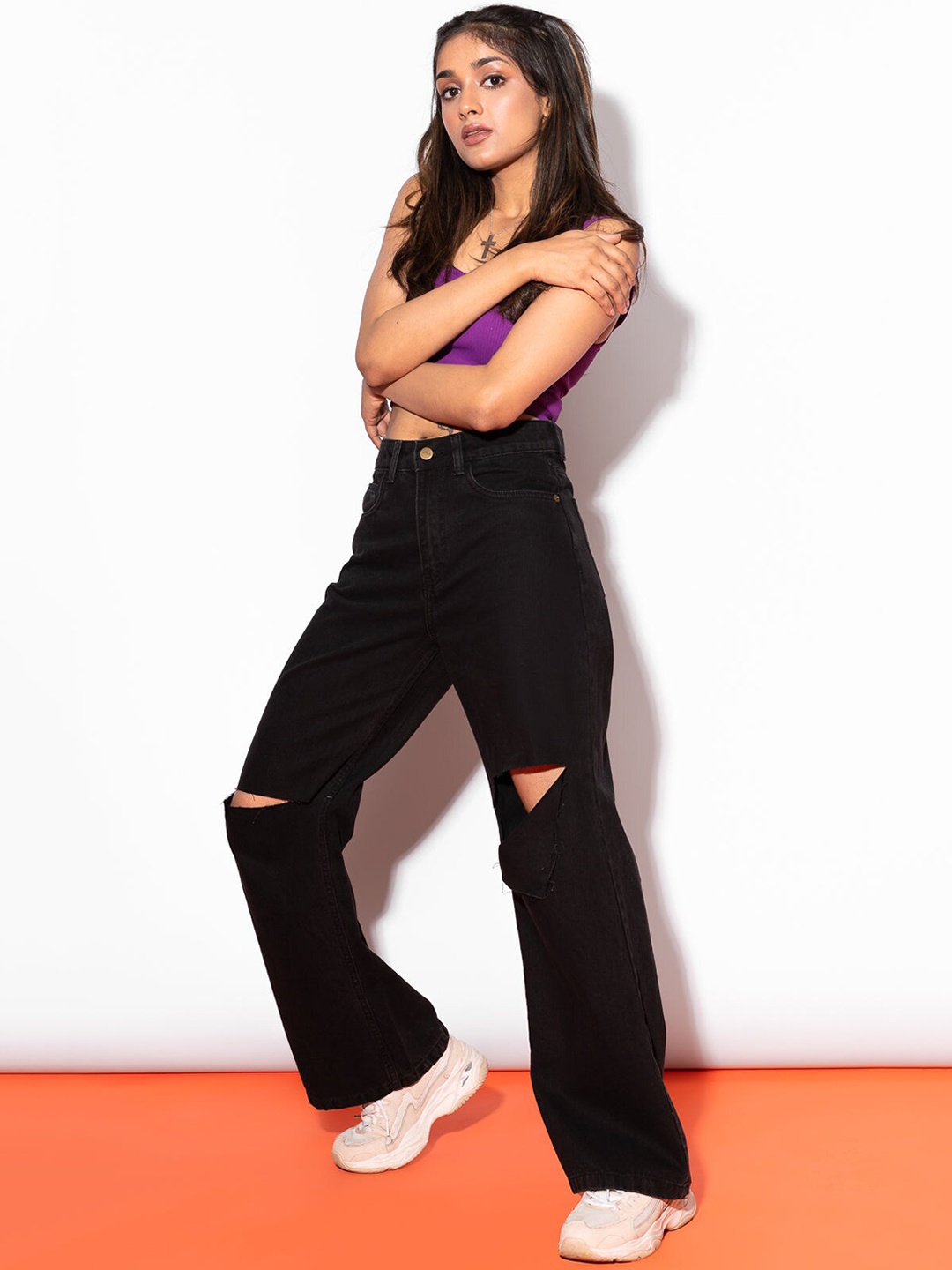 

FREAKINS Women Black Wide Leg High-Rise Slash Knee Jeans