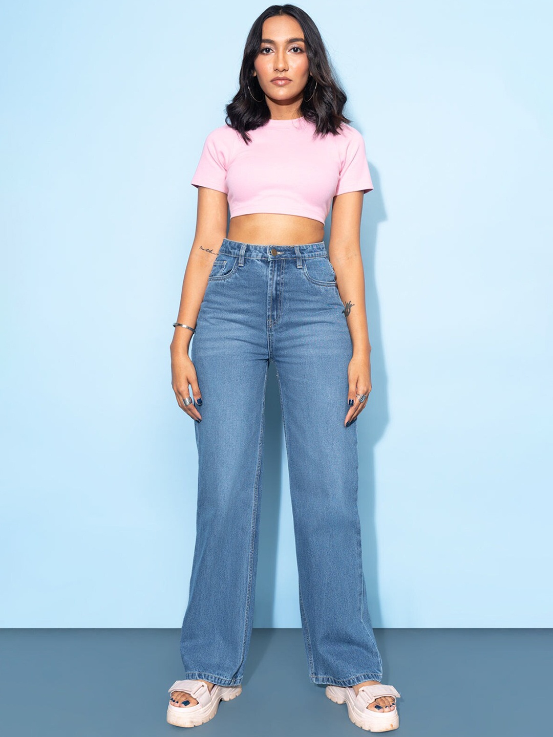 

FREAKINS Women Blue High-Rise Light Fade Wide Leg Jeans