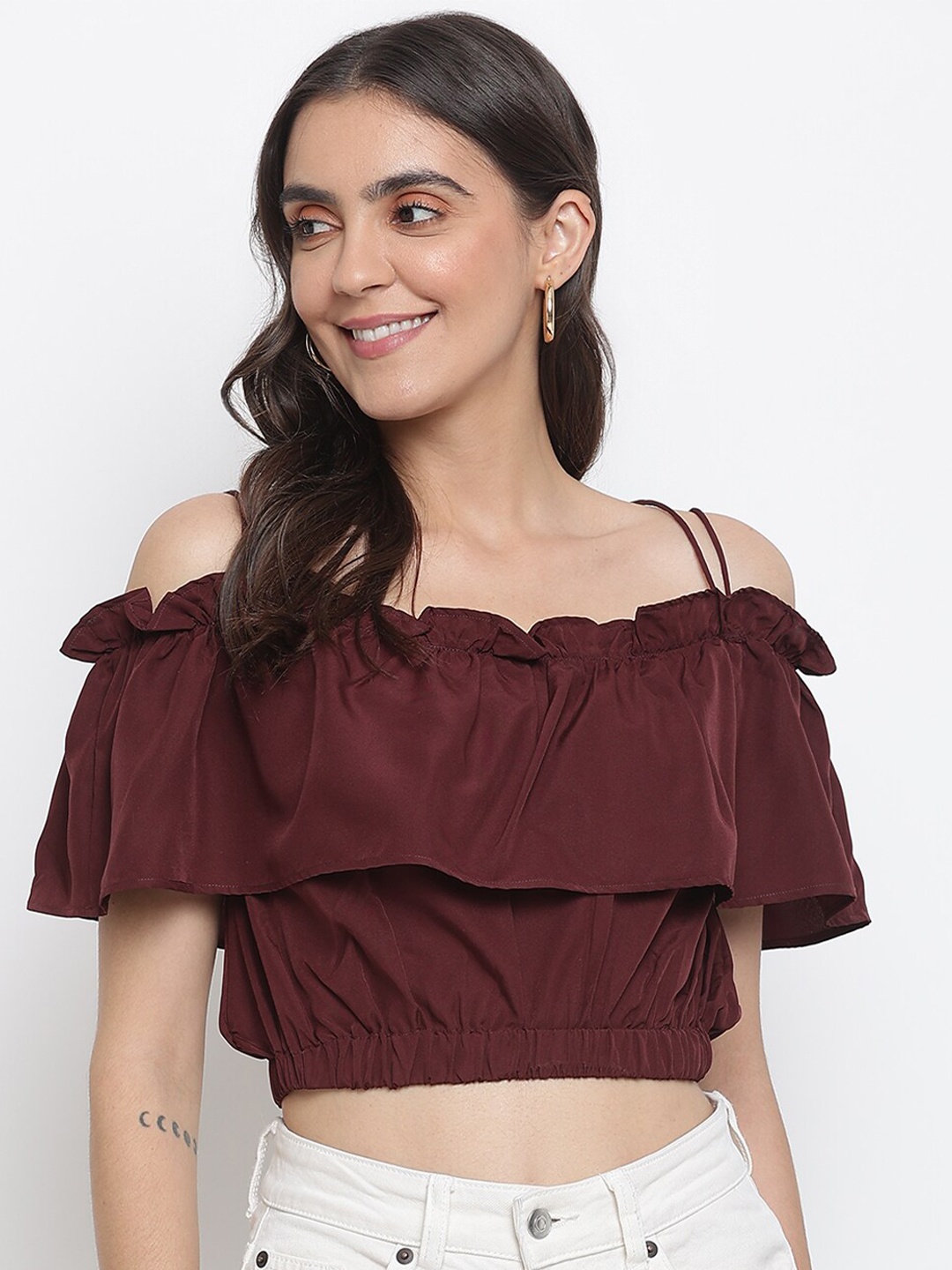 

Lagashi Brown Off-Shoulder Ruffles Bardot Crop Top