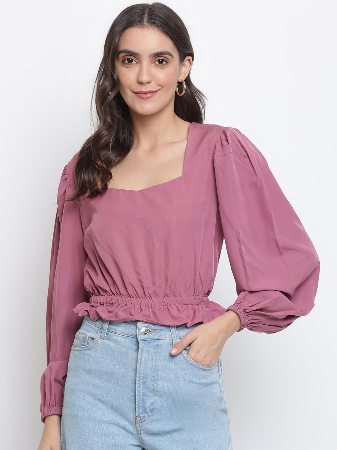 

Lagashi Mauve Bishop Sleeves Cinched Waist Crop Top