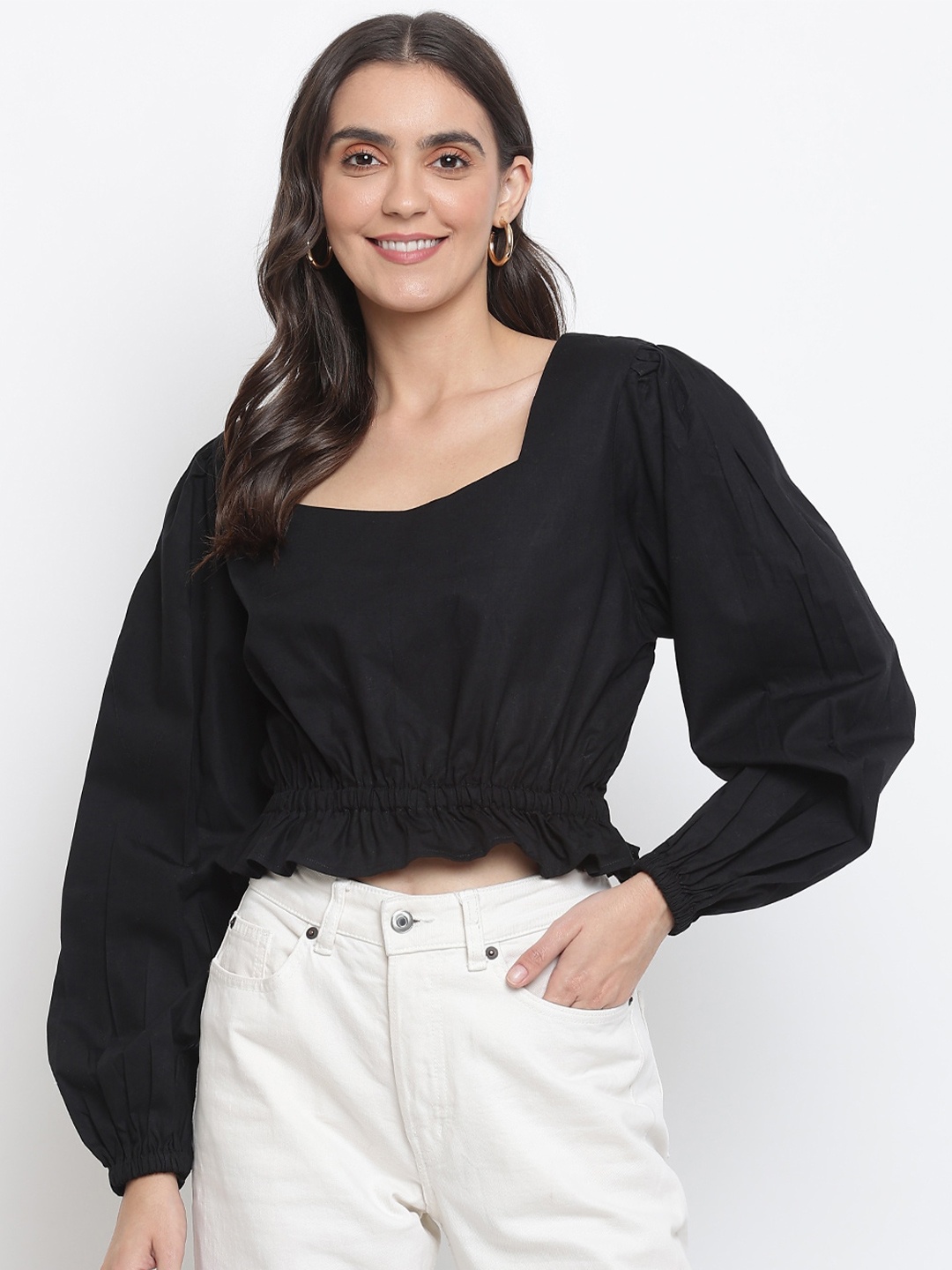 

Lagashi Women Black Solid Cinched Waist Crop Top