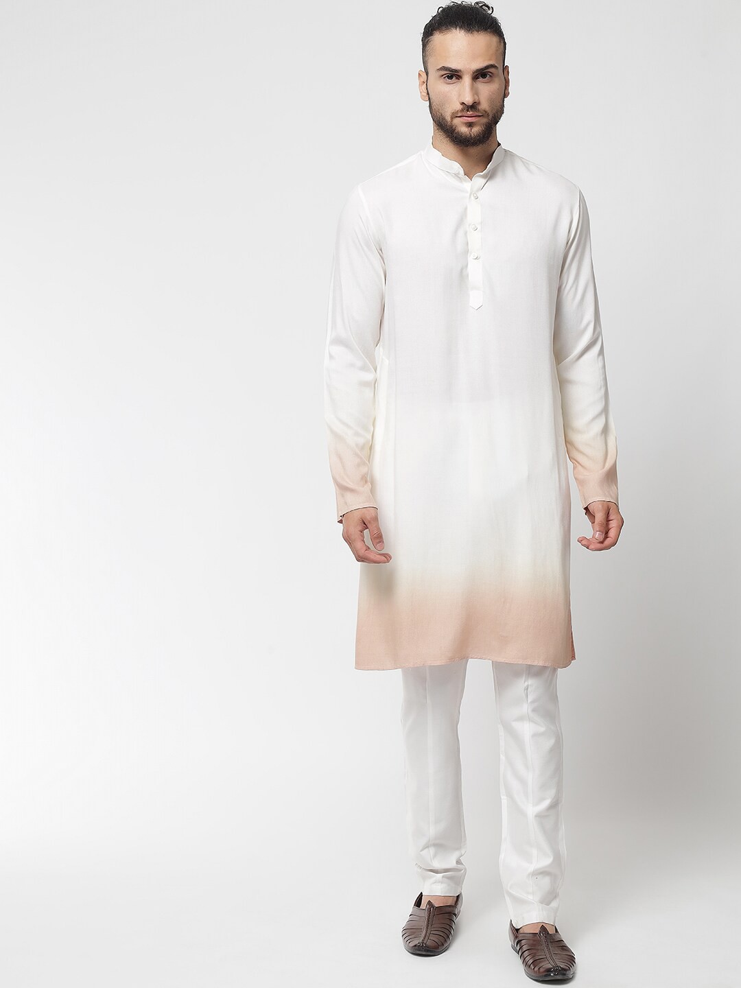 

MAXENCE Men Off White & Brown Ombre Pure Cotton Kurta with Trousers