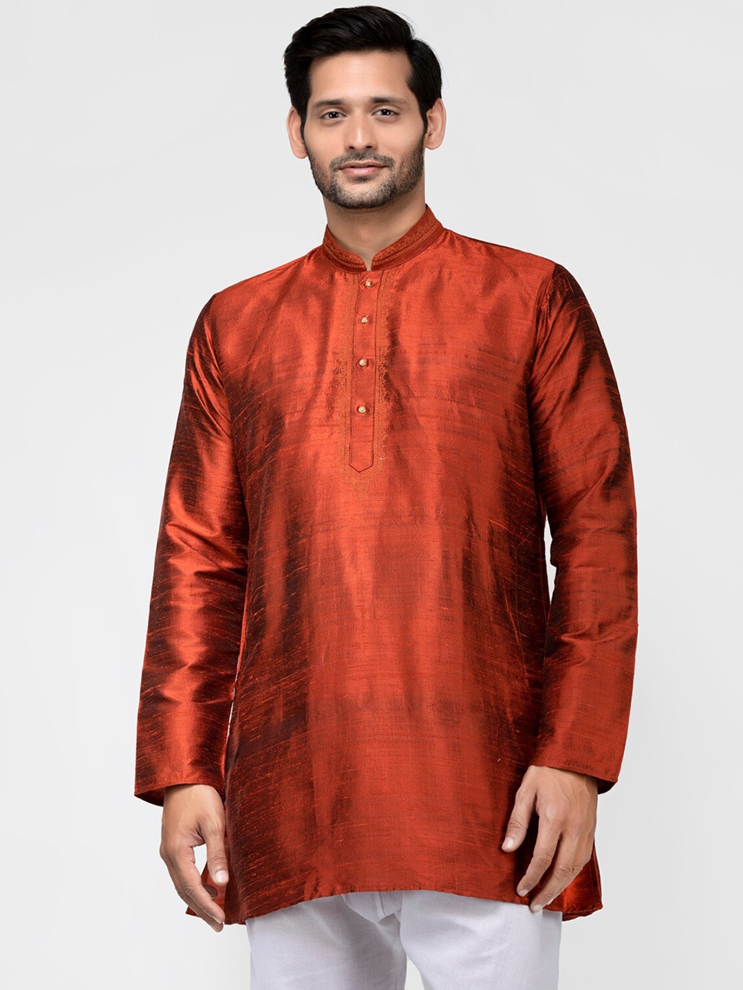 

TATTVA Men Maroon Short Length Pure Silk Straight Kurta