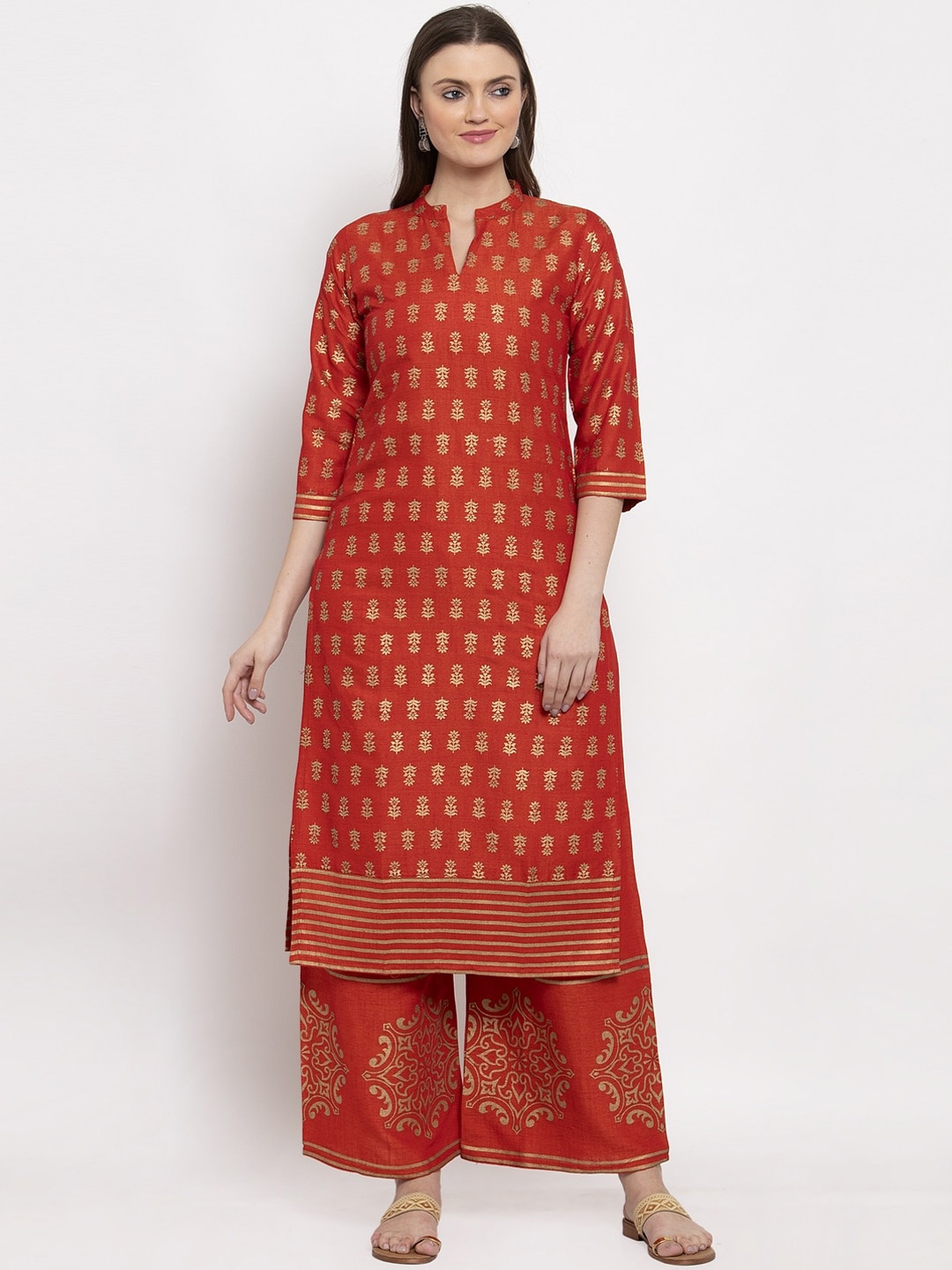 

Miaz Lifestyle Women Red & Gold-Toned Floral Printed Kurta with Palazzos