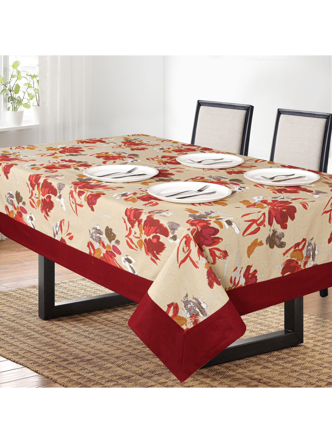 

SHADES of LIFE Red & Beige 6-Seater Floral Printed Rectangle Cotton Table Cover