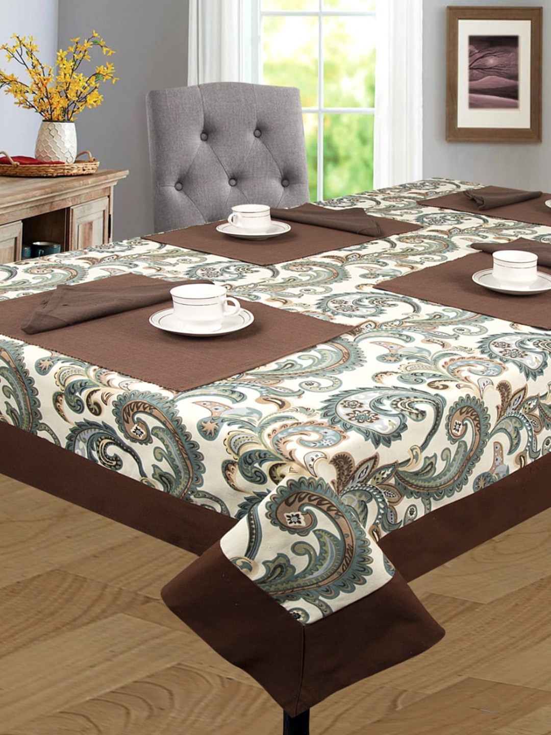 SHADES of LIFE Coffee Brown & White Printed 6-Seater Rectangle Cotton Table Cover