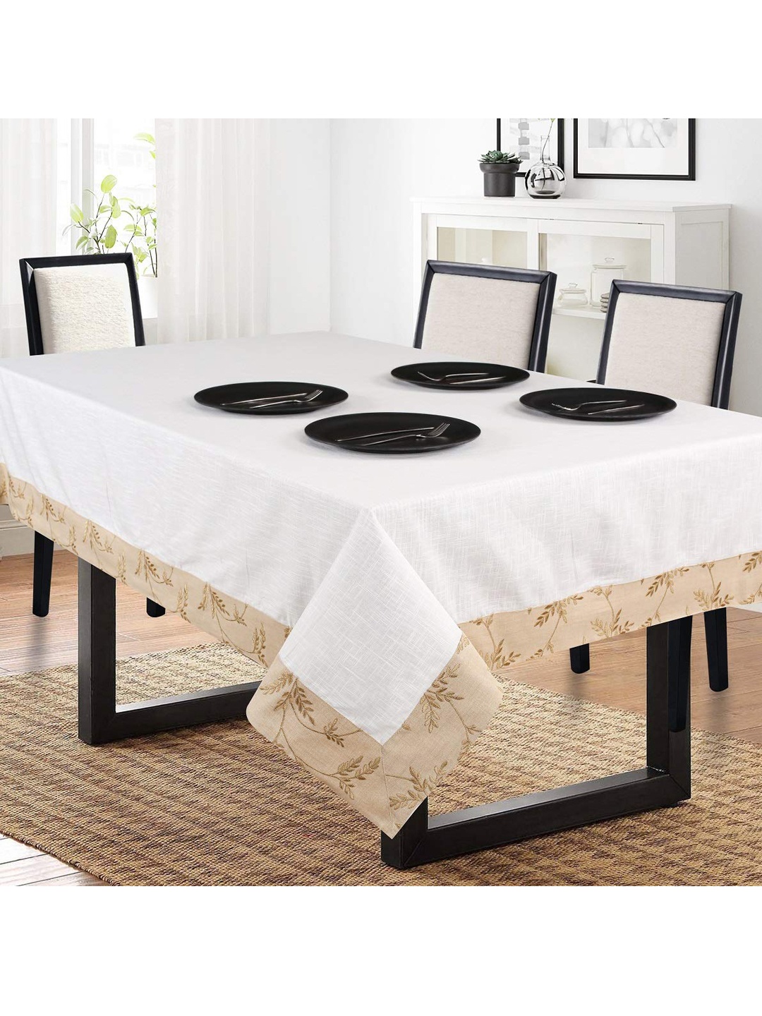 

SHADES of LIFE White & Brown Solid 6-Seater Rectangle Cotton Table Cover