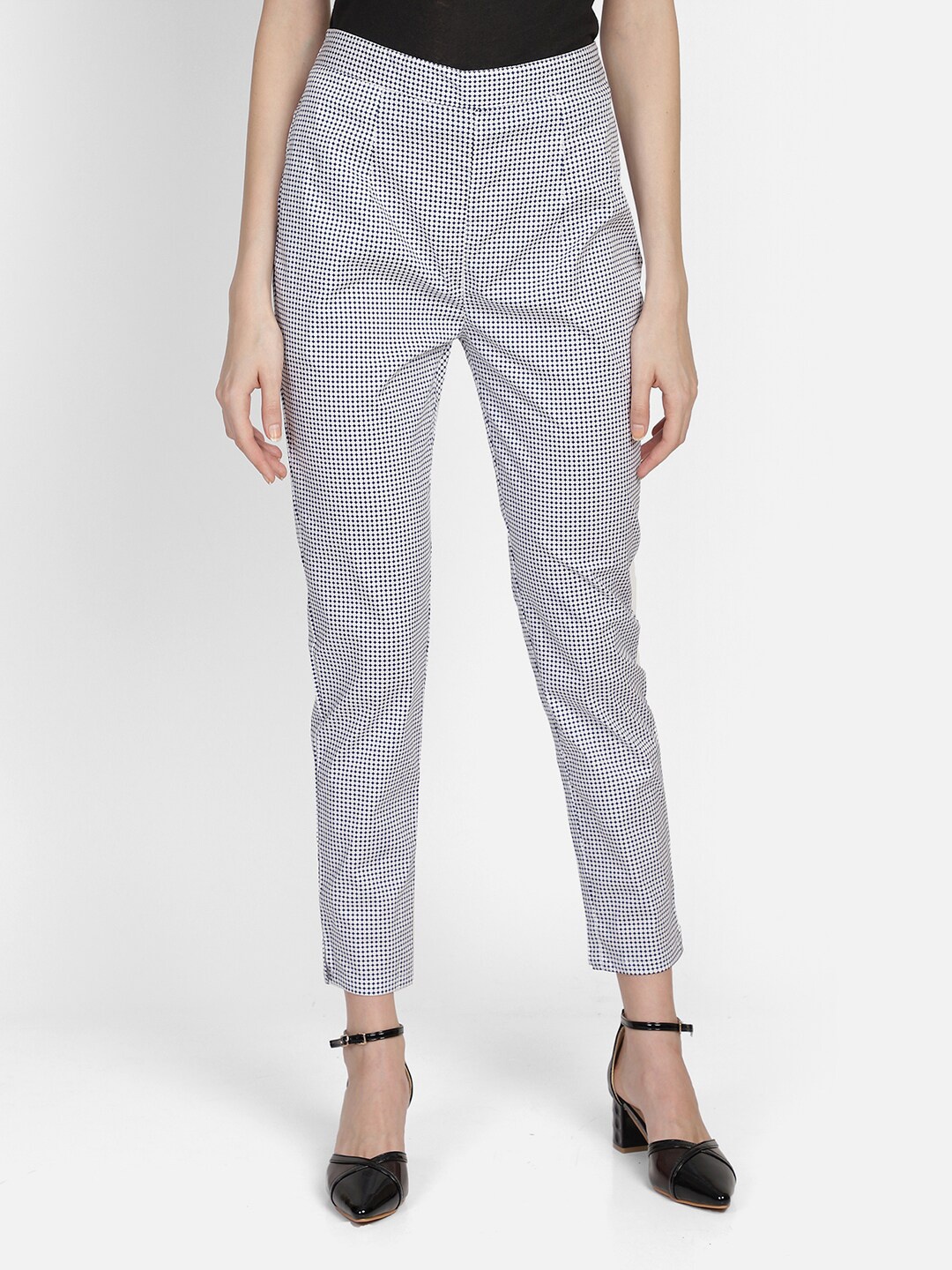 

Bani Women White Printed Checked Pleated Plain Trousers