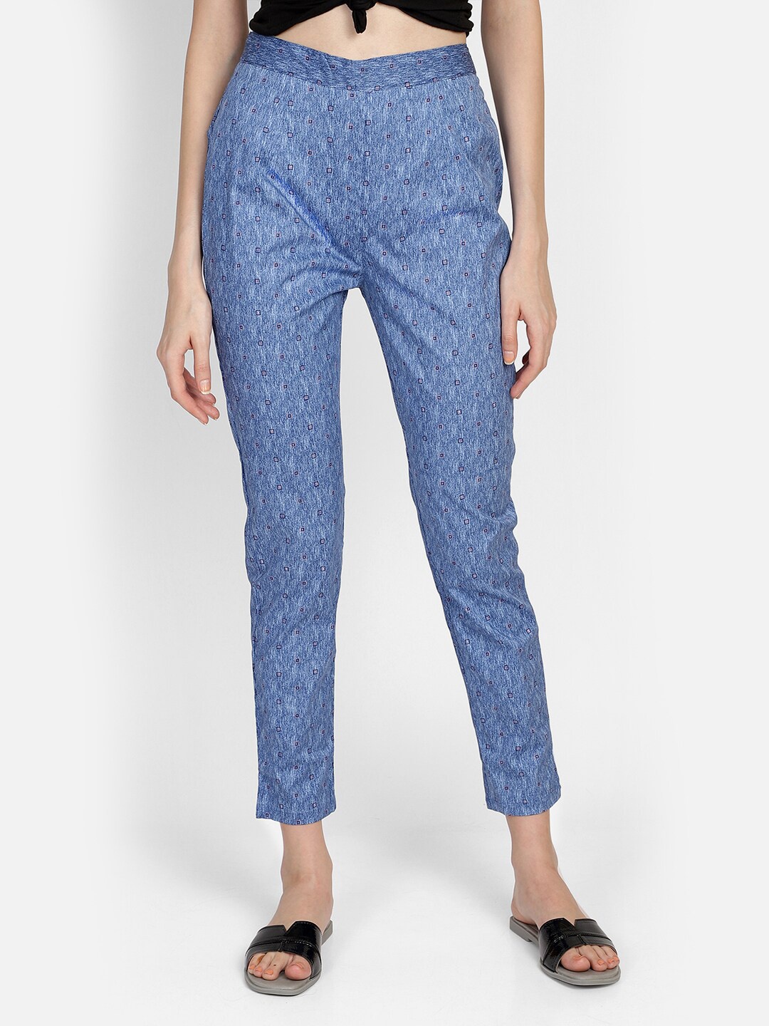 

Bani Women Blue Printed Slim Fit High-Rise Easy Wash Trousers