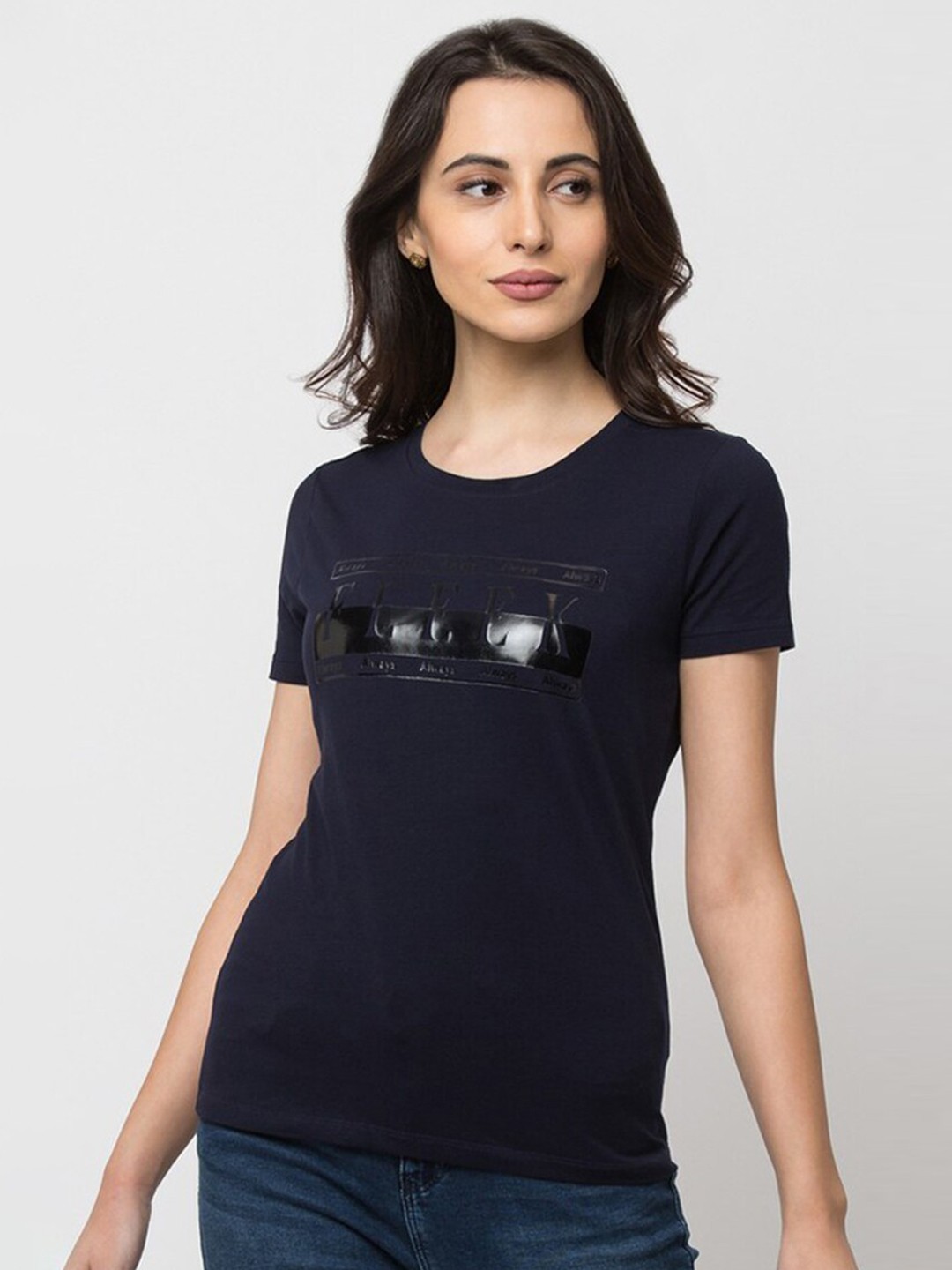 

SPYKAR Women Blue Typography Printed Cotton T-shirt