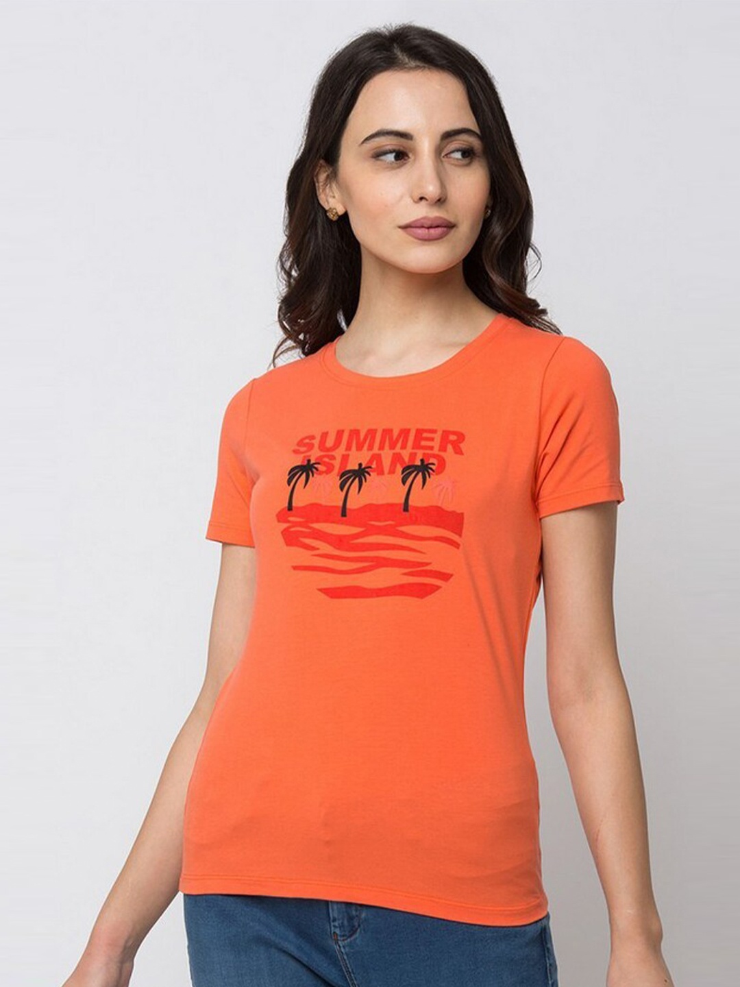 

SPYKAR Women Orange Printed T-shirt