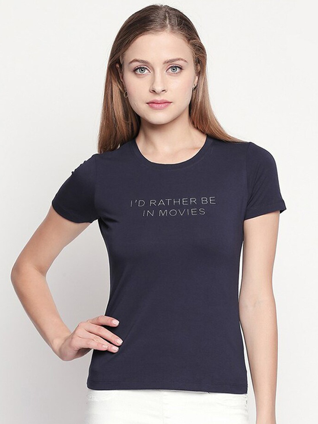 

SPYKAR Women Blue Typography Printed Slim Fit Cotton T-shirt