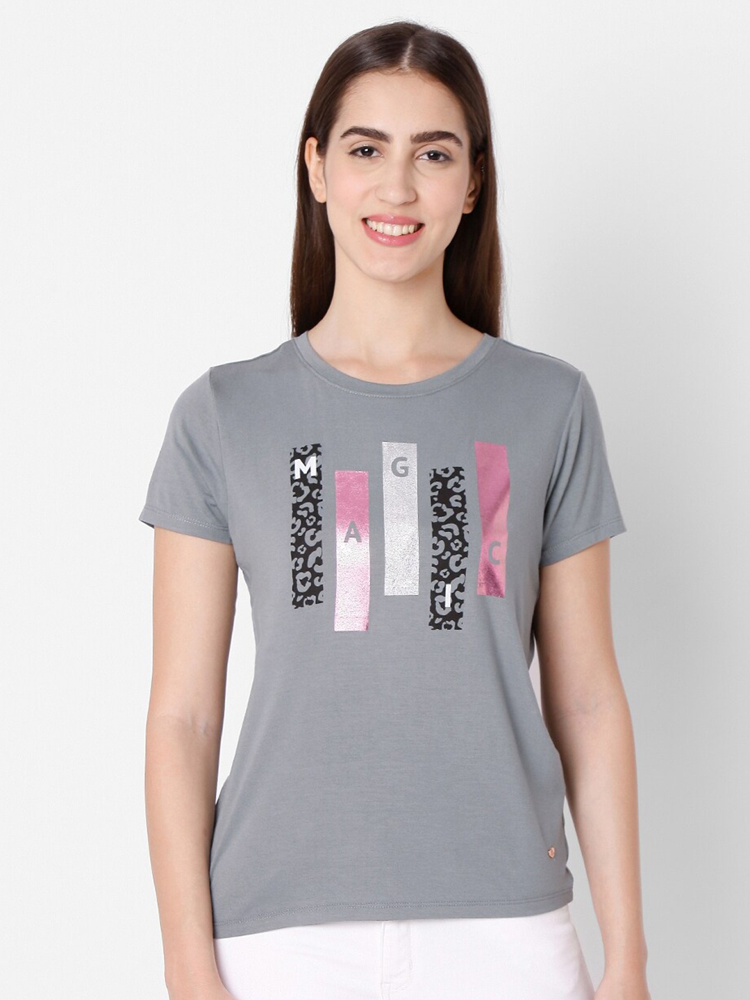 

SPYKAR Women Grey & White Printed Slim Fit T-shirt