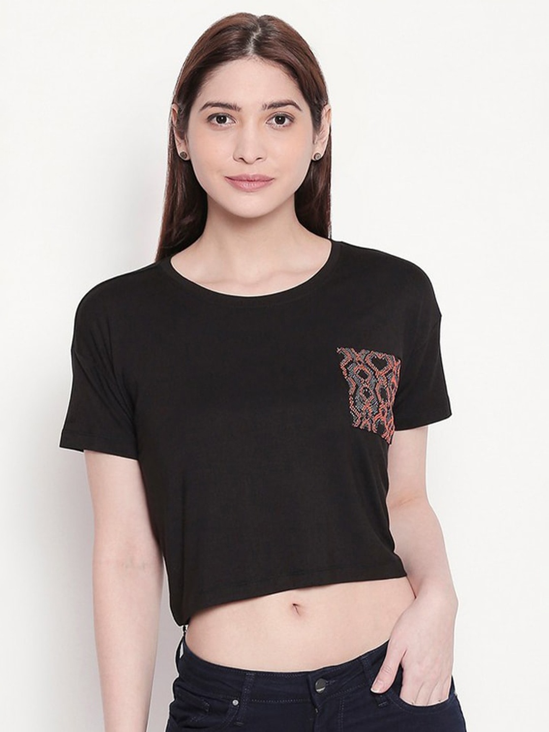 

SPYKAR Women Black Tribal Printed Extended Sleeves T-shirt