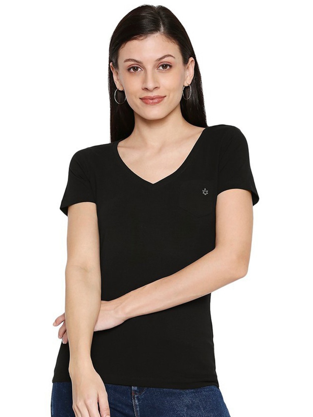 

SPYKAR Women Black Solid V-Neck Cotton T-shirt