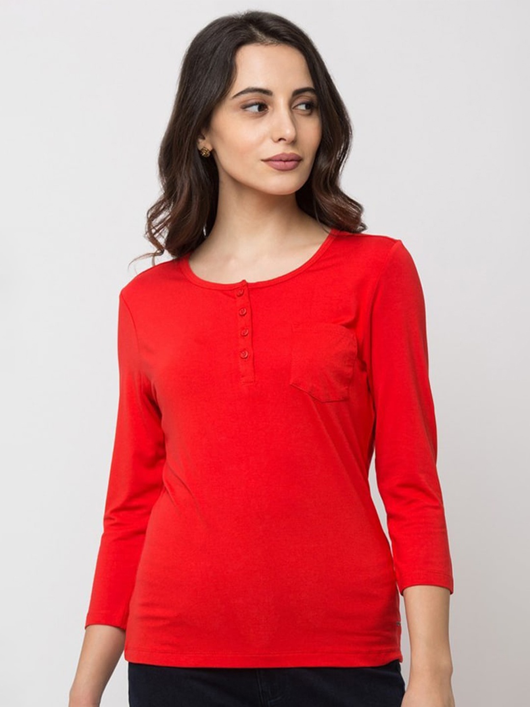 

SPYKAR Women Red Henley Neck Slim Fit T-shirt