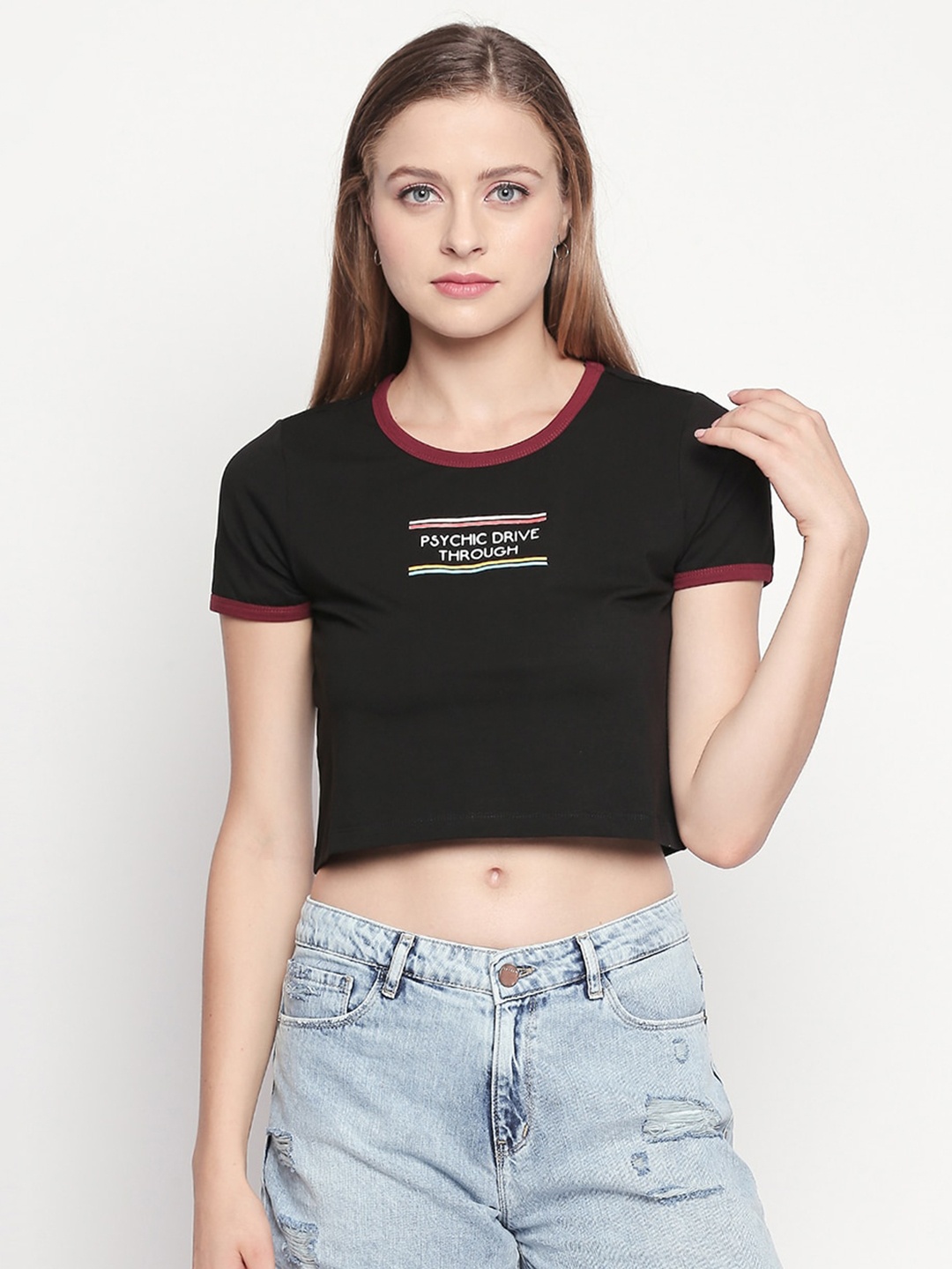 

SPYKAR Women Black Typography Slim Fit Crop Cotton T-shirt